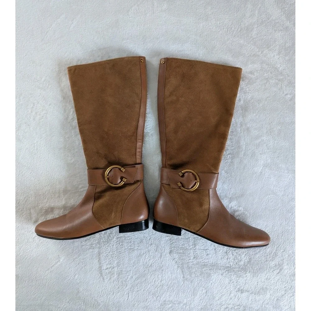 Anthropologie Tall Boots Brown Leather Suede Buckle 40 Equestrian Quiet Luxury